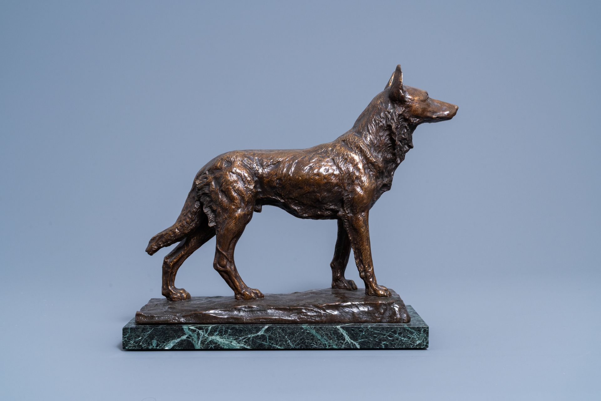 Paul ƒdouard Dreux (1855-1947): A sheepdog, brown patinated bronze on a vert de mer marble base - Image 5 of 9