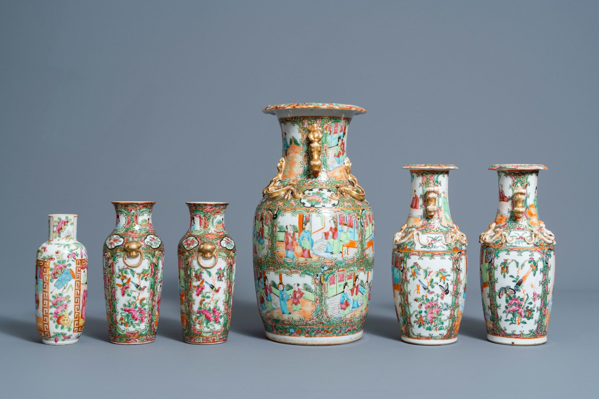 Six Chinese Canton famille rose vases, a jar and cover and a cream jug, 19th C. - Image 3 of 13