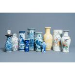 A varied collection of Chinese blue, white, famille rose and polychrome porcelain vases, 19th/20th C