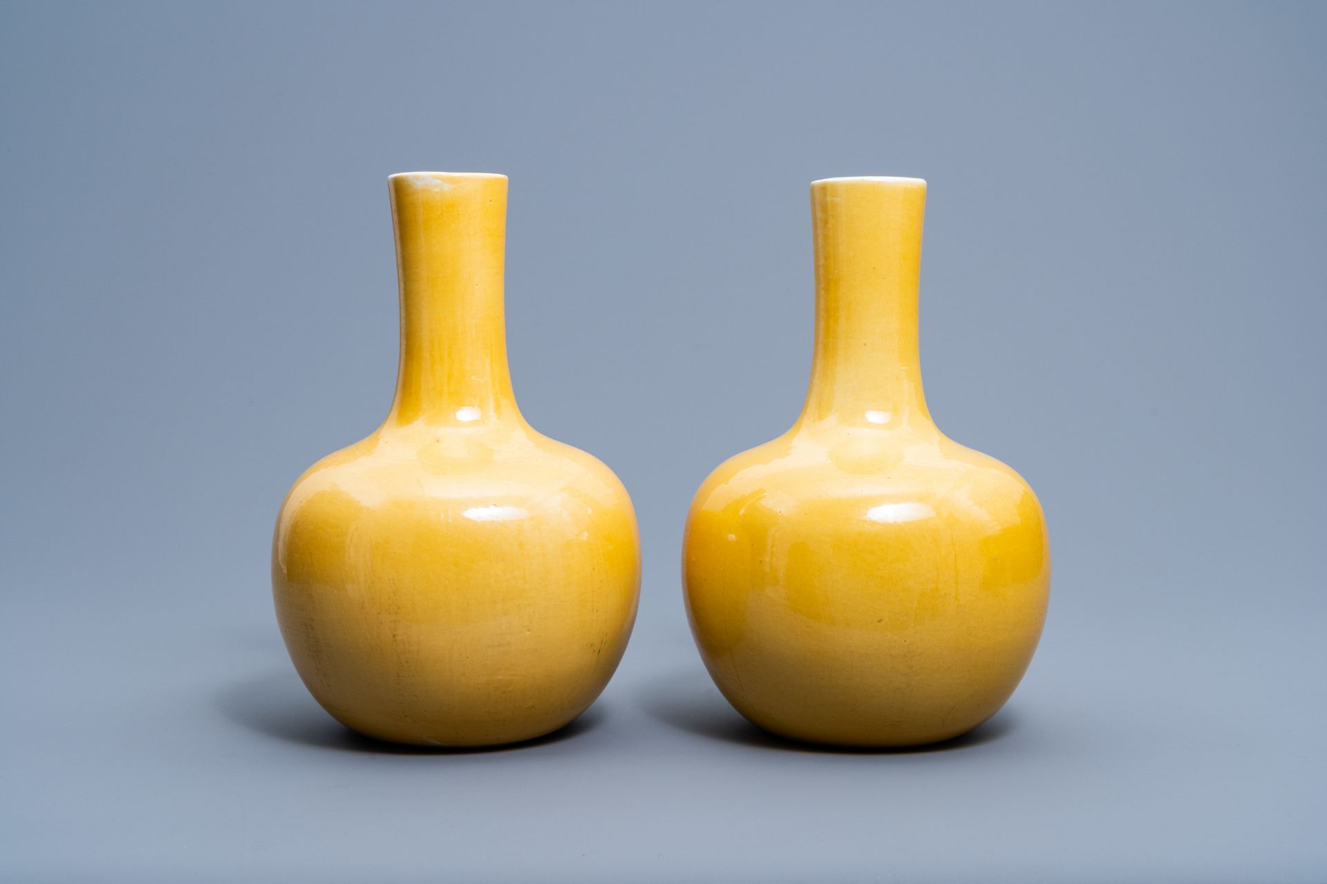 A pair of Chinese monochrome yellow tianqu ping vases, 20th C. - Image 2 of 6