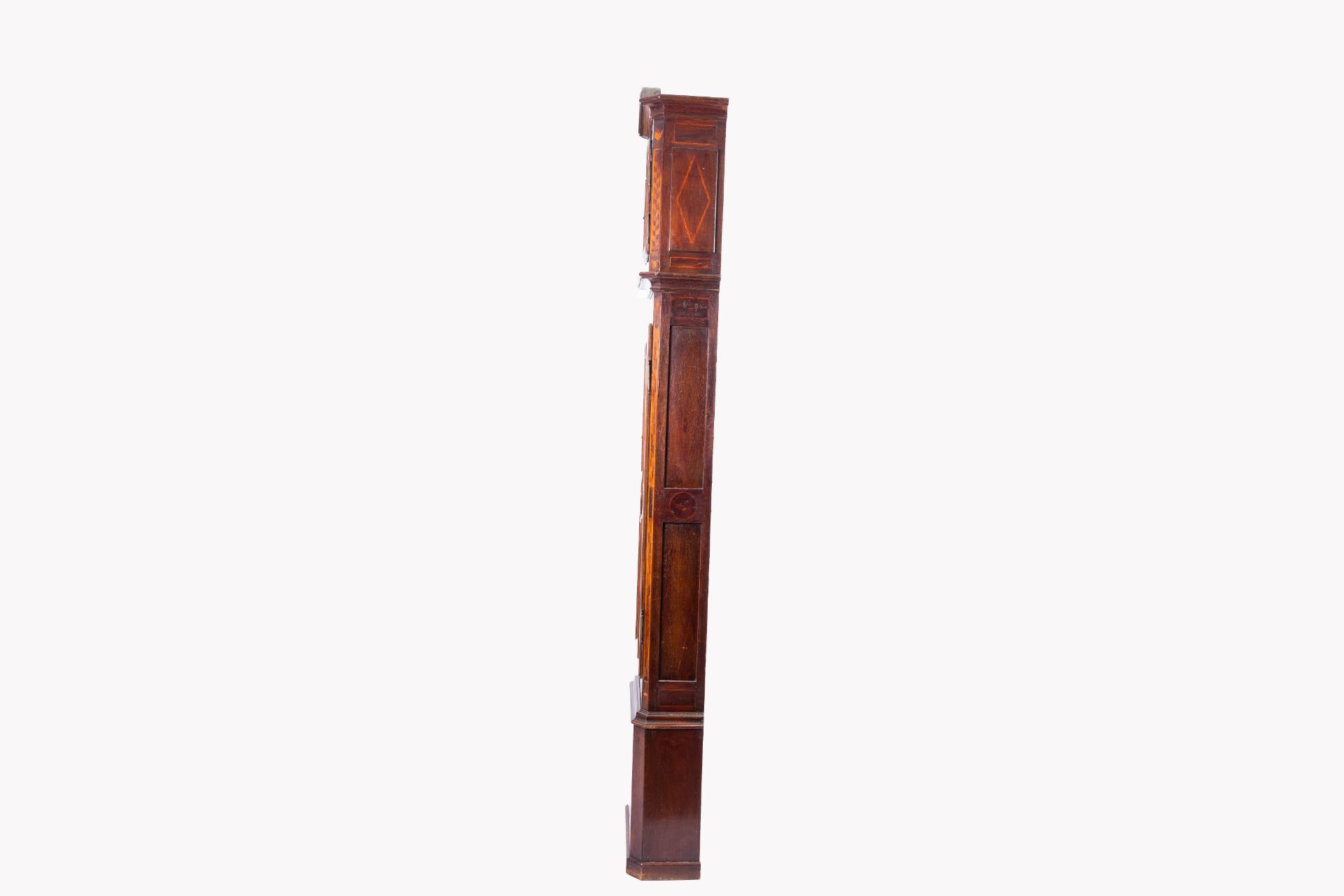 A large French wood longcase clock with various wood inlays, 19th C. - Image 5 of 11