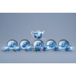 A Chinese thirteen-piece blue and white tea service with an animated landscape, Qianlong