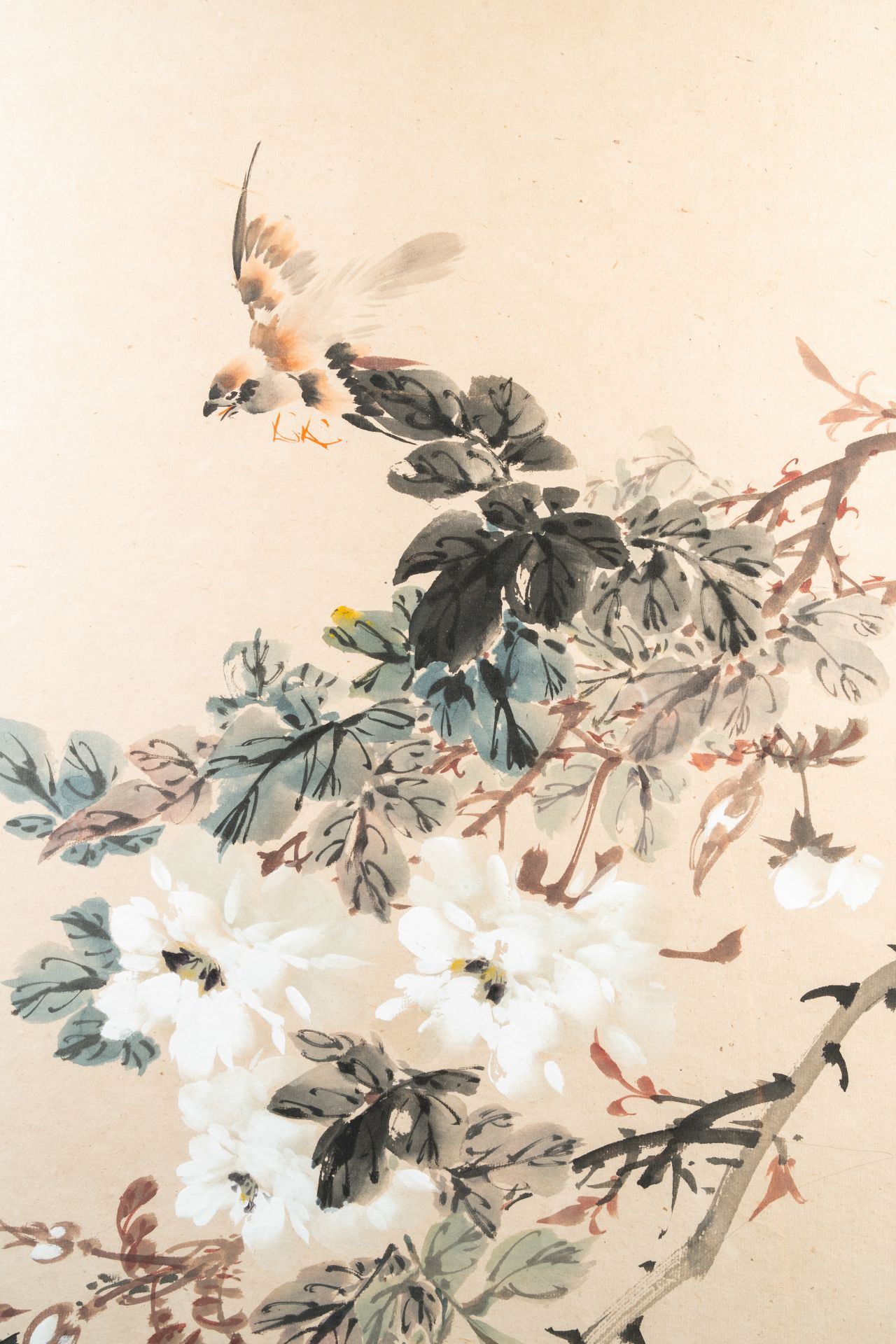 Chinese school: Birds among blossoming branches, ink and colours on paper, 20th C. - Image 5 of 6