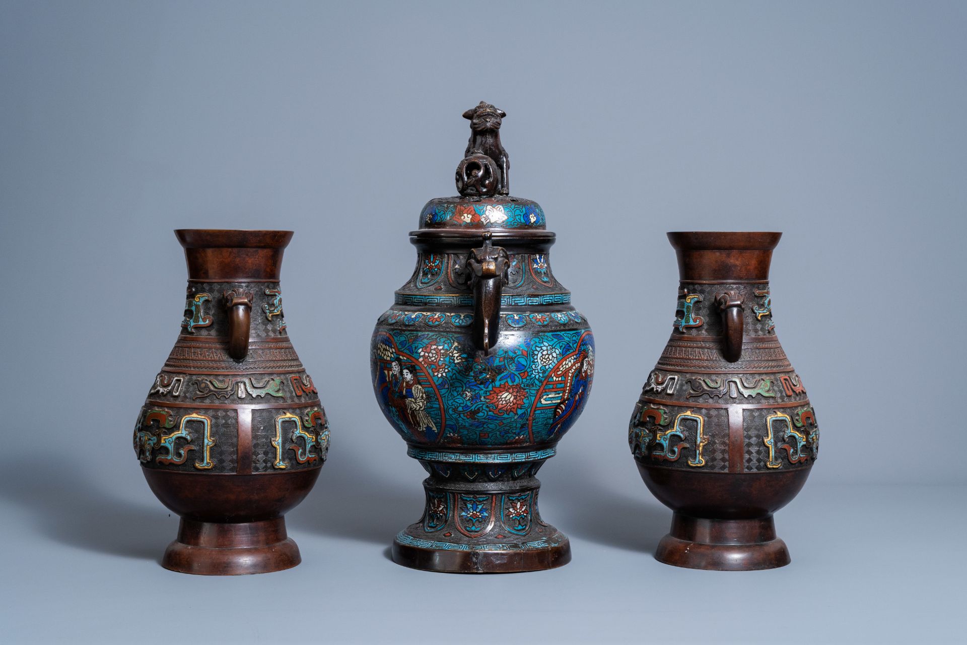 A pair of Chinese or Japanese cloisonnŽ and champlevŽ enamel vases and a 'koro' incense burner, Meij - Image 3 of 7