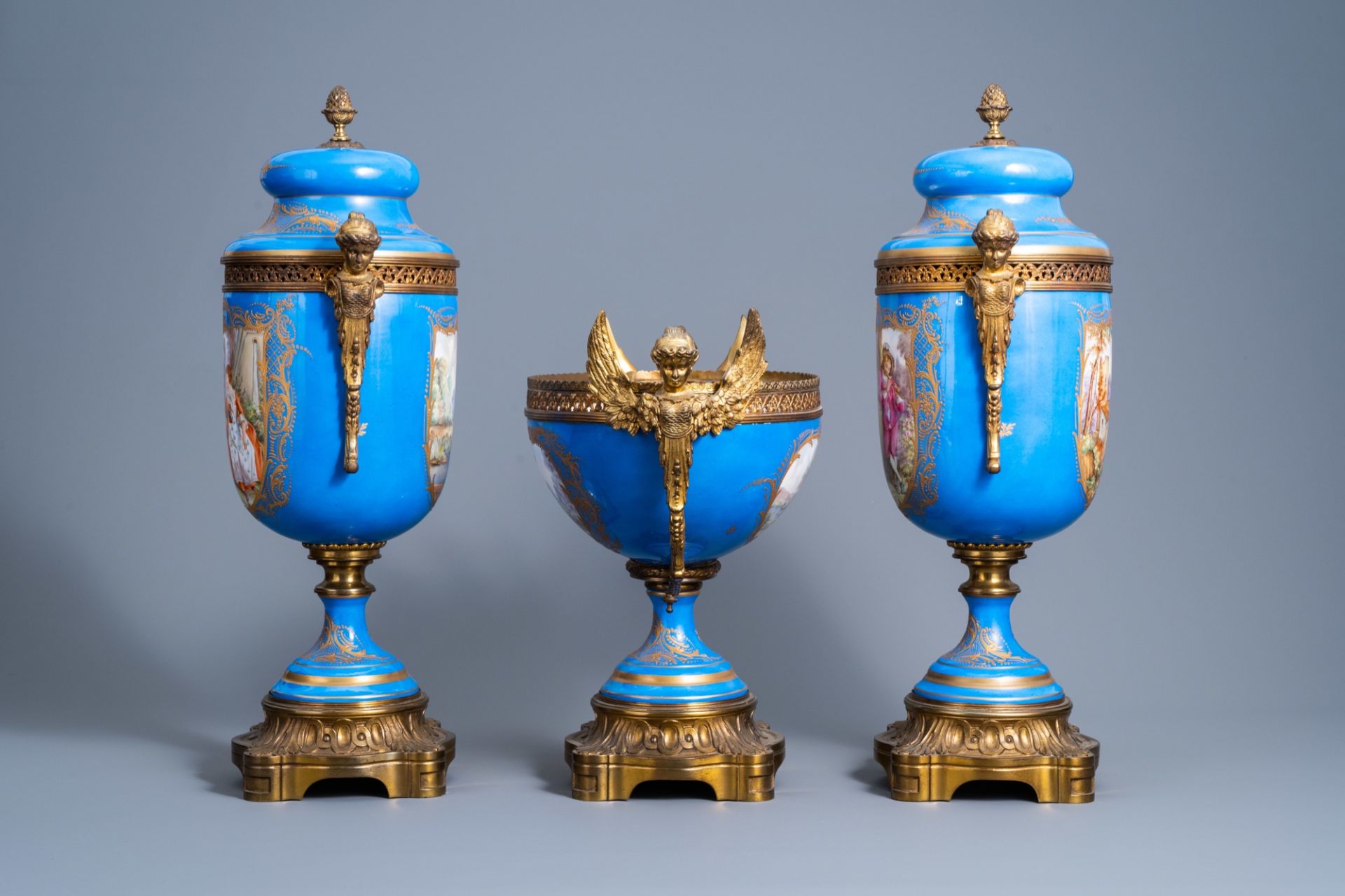 A French gilt bronze mounted 'bleu celeste' ground three-piece garniture with gallant scenes by Lepa - Image 4 of 18