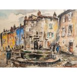 French school, illegibly signed: Village square in the Provence, watercolour on paper, 20th C.