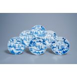 Six Chinese blue and white plates with figures in a landscape, Chenghua mark, Kangxi