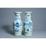 Two Chinese blue and white celadon ground vases with figures in a landscape, 19th C.