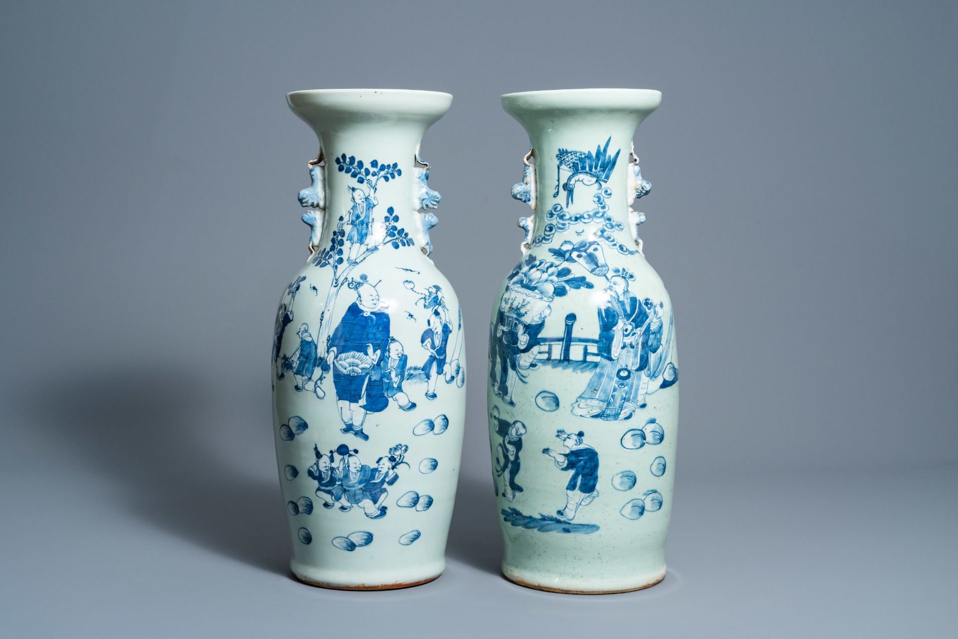 Two Chinese blue and white celadon ground vases with figures in a landscape, 19th C.