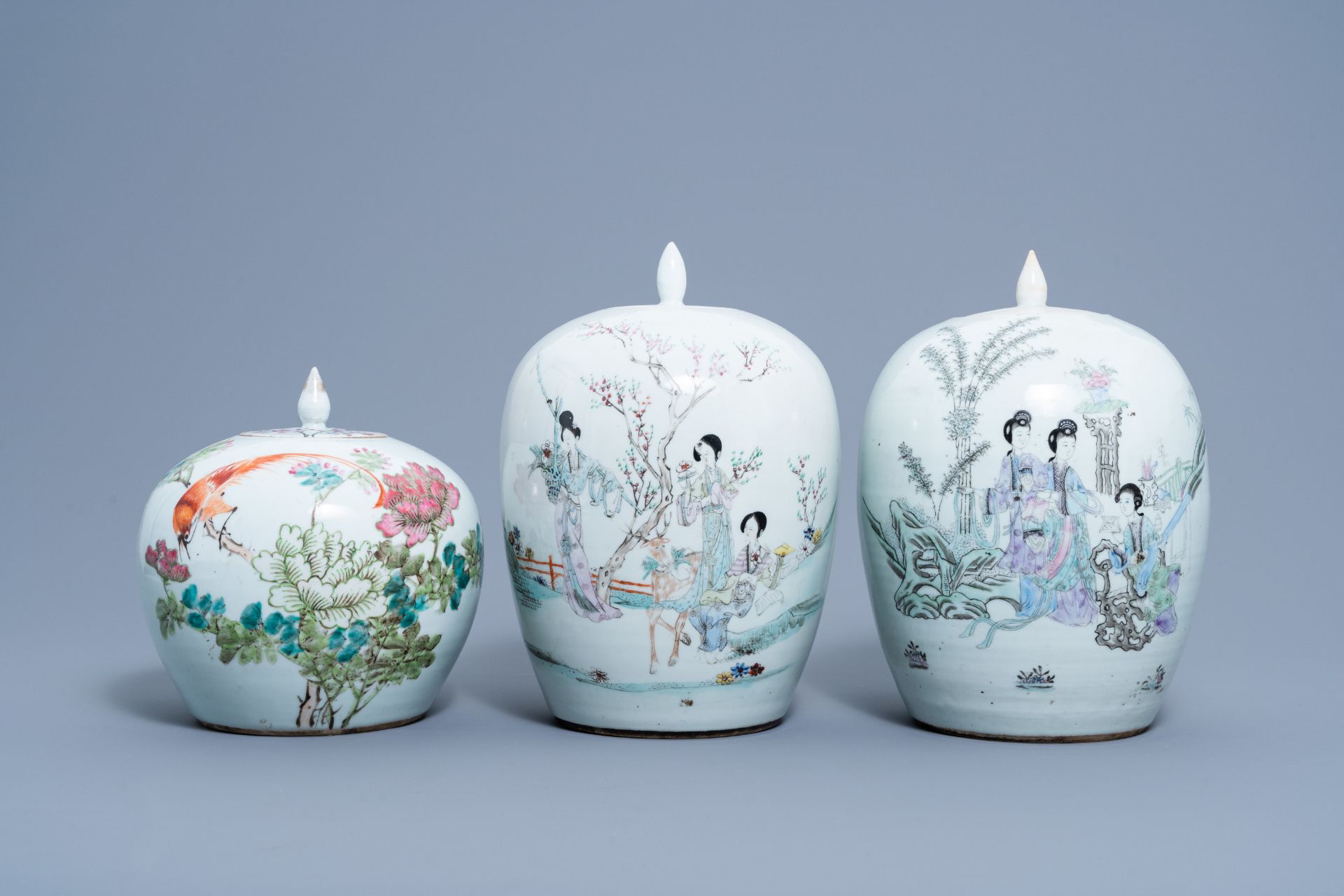 Three Chinese qianjiang cai jars and covers with ladies in a garden and a bird among blossoming bran - Image 2 of 7