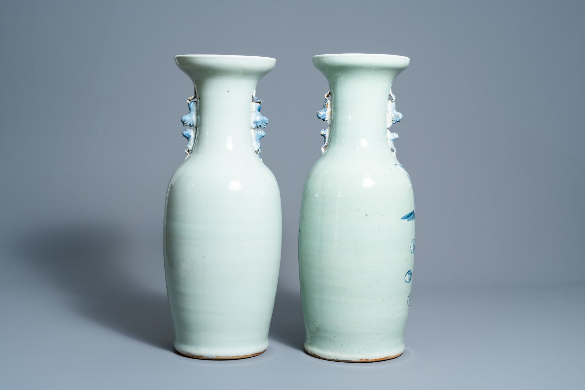 Two Chinese blue and white celadon ground vases with figures in a landscape, 19th C. - Image 3 of 6