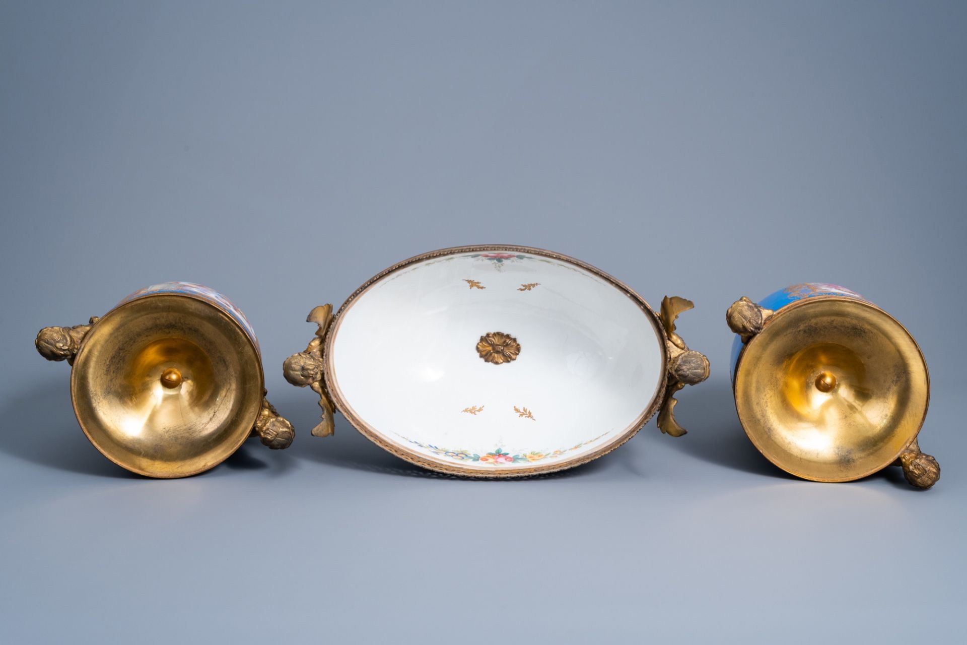 A French gilt bronze mounted 'bleu celeste' ground three-piece garniture with gallant scenes by Lepa - Image 5 of 18