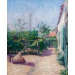 Belgian school: A sunlit farmhouse garden, oil on board, 20th C.