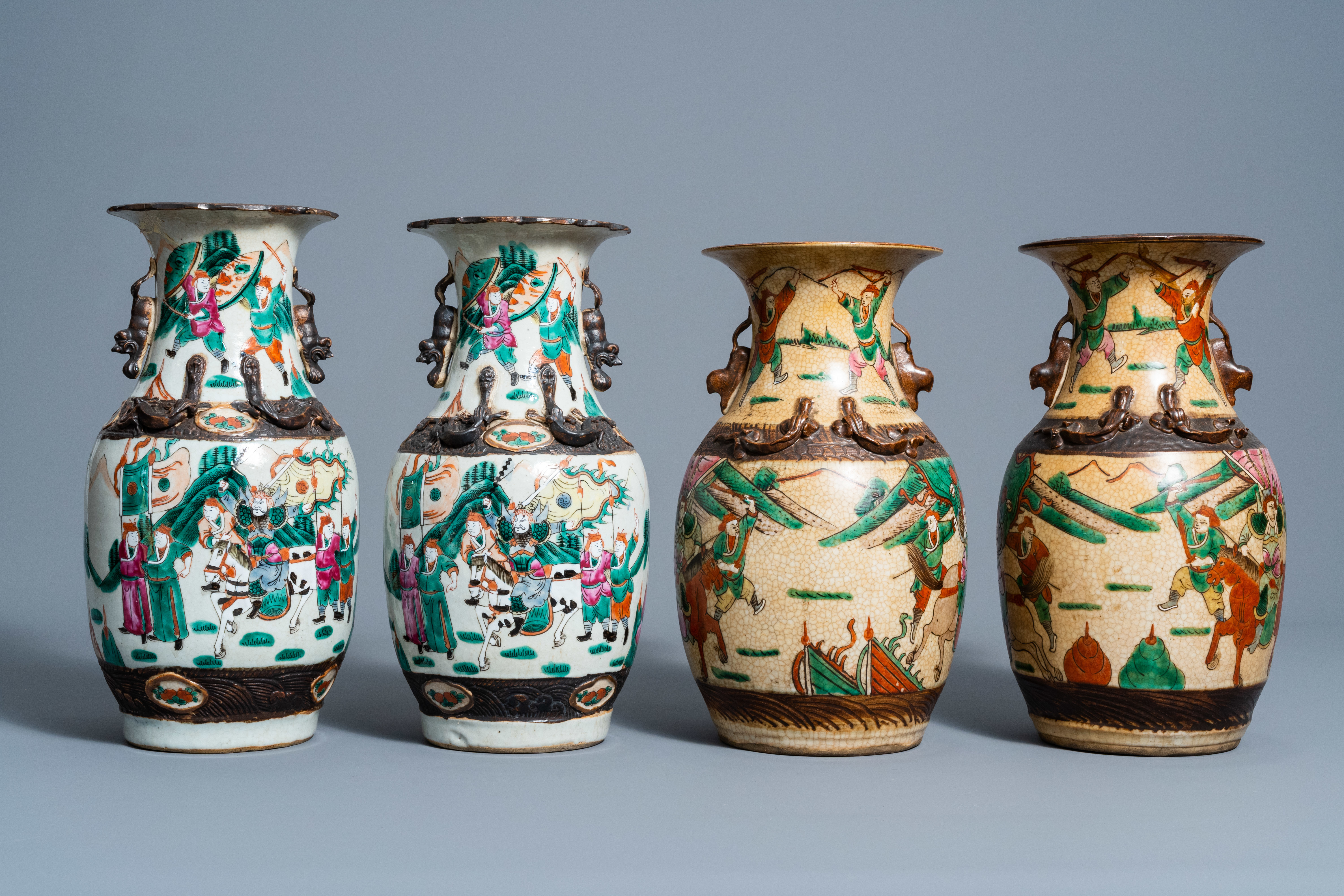 A varied collection of eight Chinese Nanking crackle glazed famille rose and verte vases with warrio - Image 10 of 13