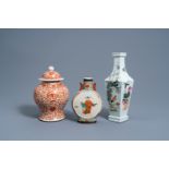A Chinese square famille rose vase, an iron-red vase and cover and a Nanking crackle glazed famille