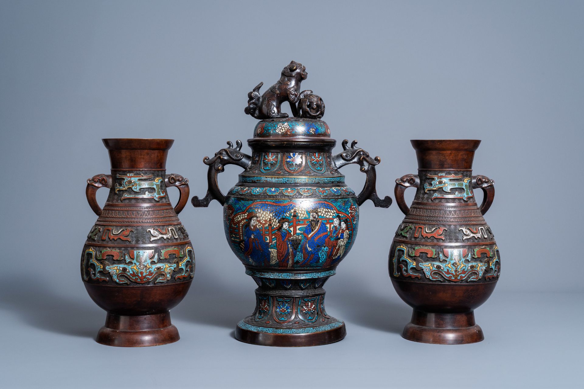 A pair of Chinese or Japanese cloisonnŽ and champlevŽ enamel vases and a 'koro' incense burner, Meij - Image 2 of 7