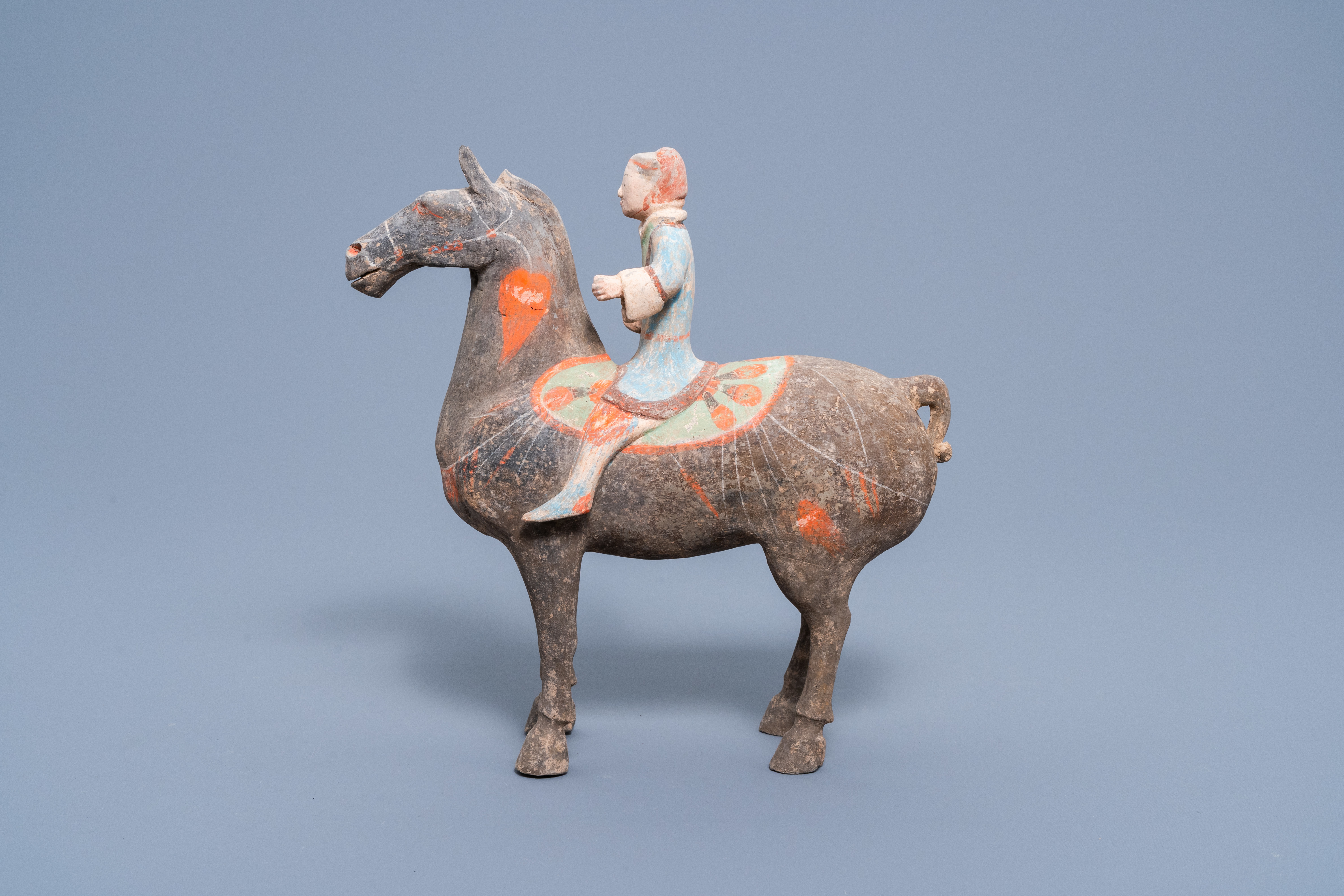 A Chinese polychrome painted pottery equestrian figure, Han - Image 4 of 10