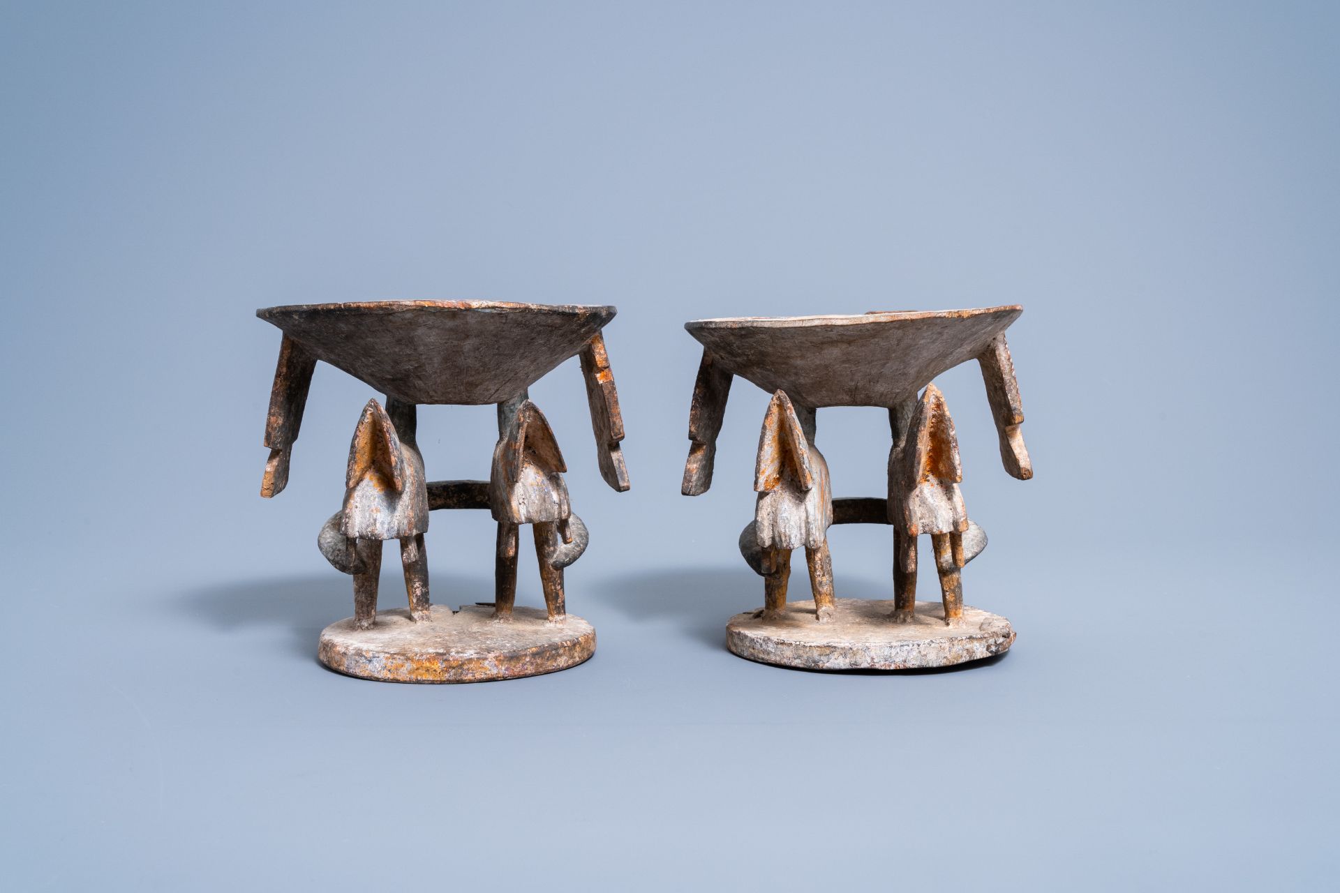 A pair of carved wood and polychrome painted 'Ifa divination' bowls with birds, Yoruba, Nigeria, 20t - Image 6 of 8