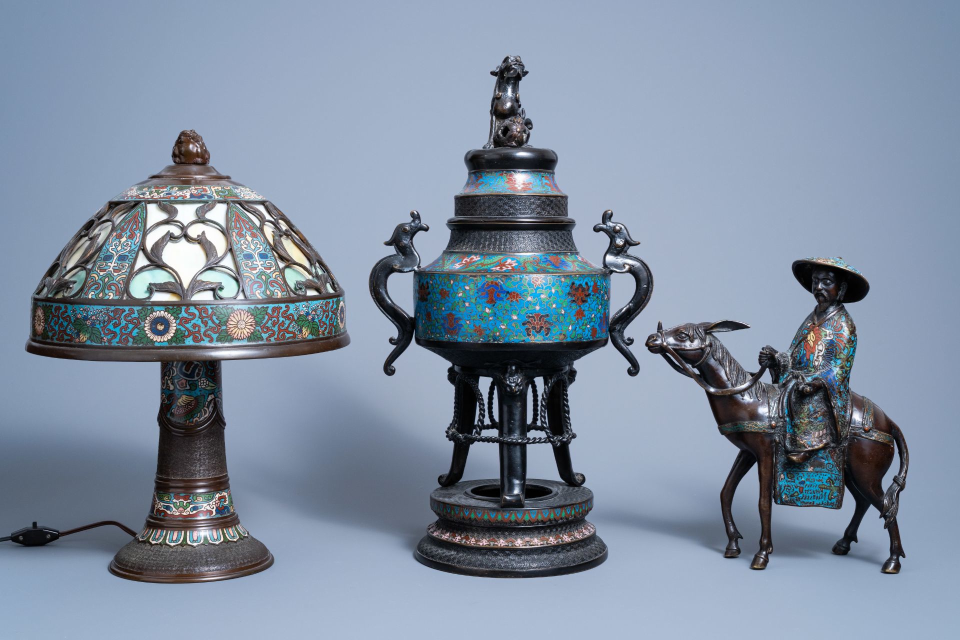 A Japanese champlevŽ enamel and bronze incense burner, a group with Toba on his mule and a table lam - Image 2 of 12