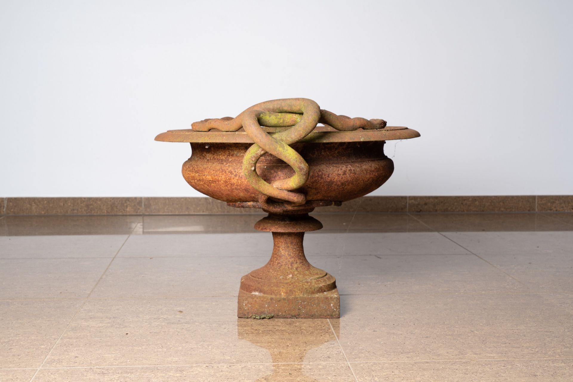 An imposing French or English cast iron garden planter or vase with intertwined snake handles, 19th - Image 3 of 8