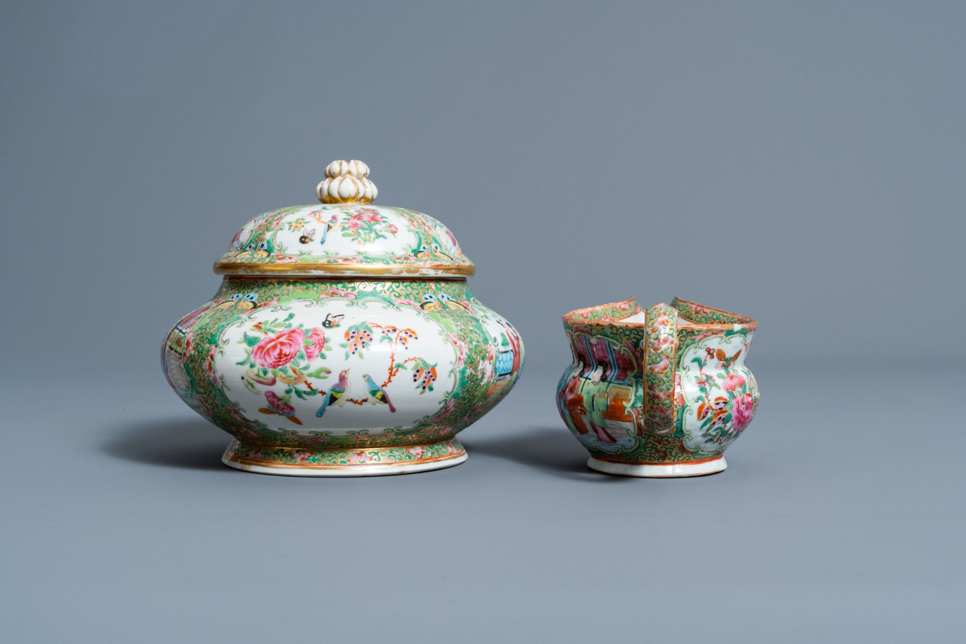 Six Chinese Canton famille rose vases, a jar and cover and a cream jug, 19th C. - Image 9 of 13