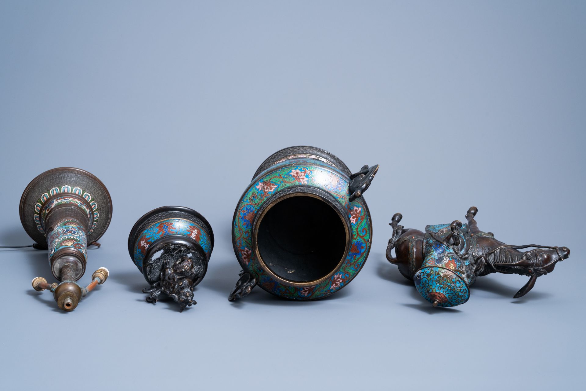 A Japanese champlevŽ enamel and bronze incense burner, a group with Toba on his mule and a table lam - Image 8 of 12