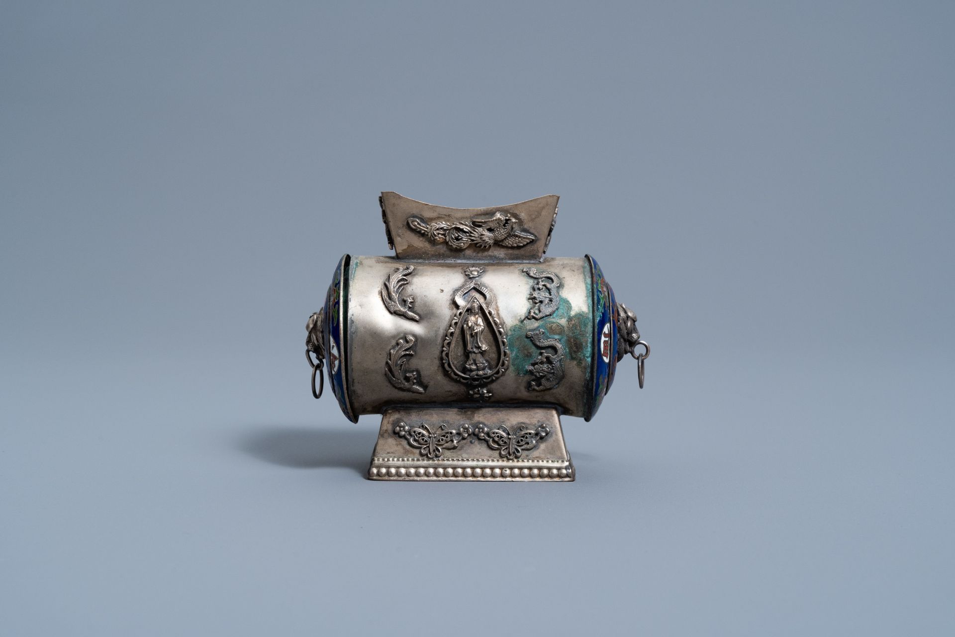 A Chinese partly enamelled silvered censer, 20th C. - Image 4 of 11