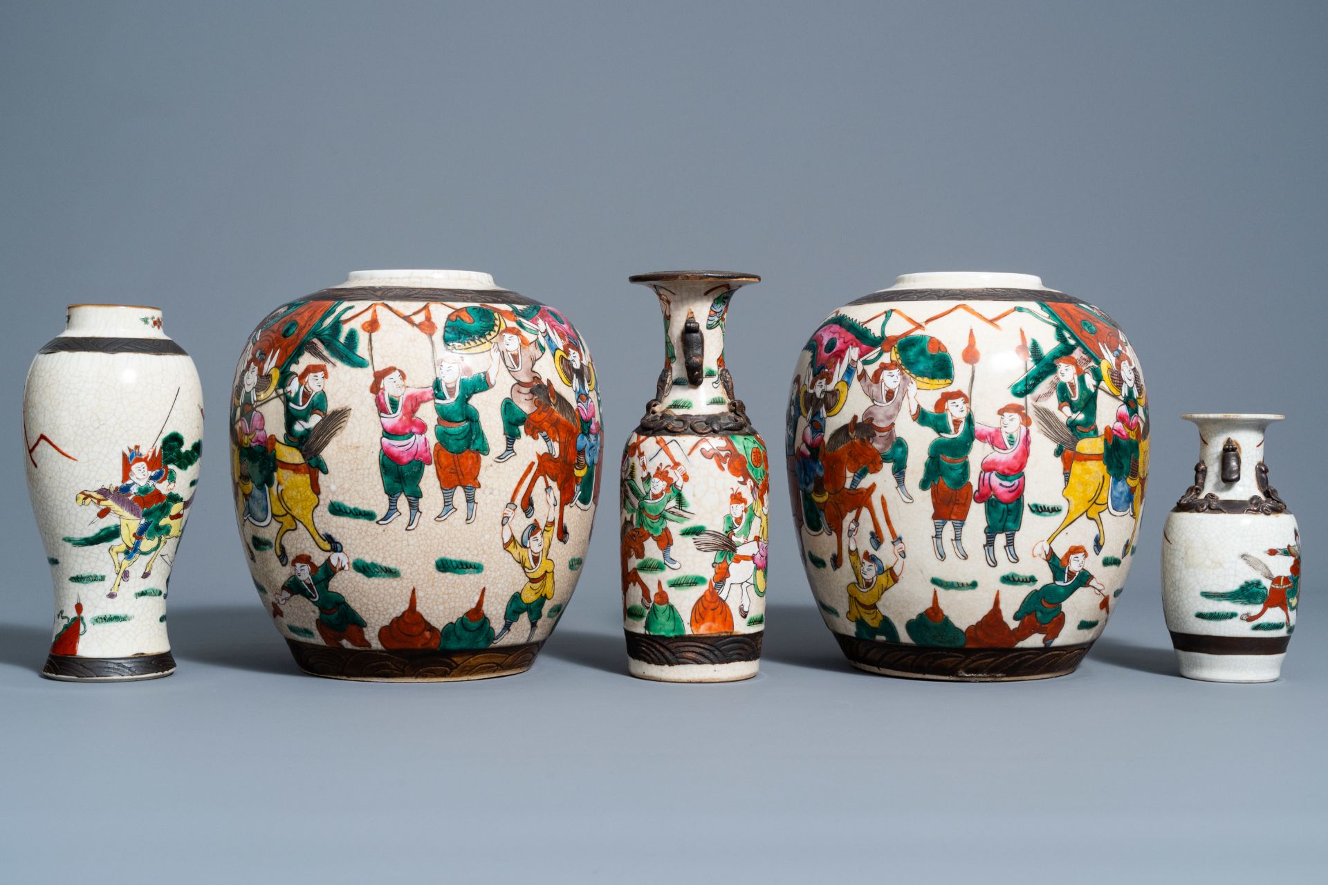 Three Chinese Nanking crackle glazed famille rose vases and a pair of ginger jars with warrior scene - Image 6 of 8