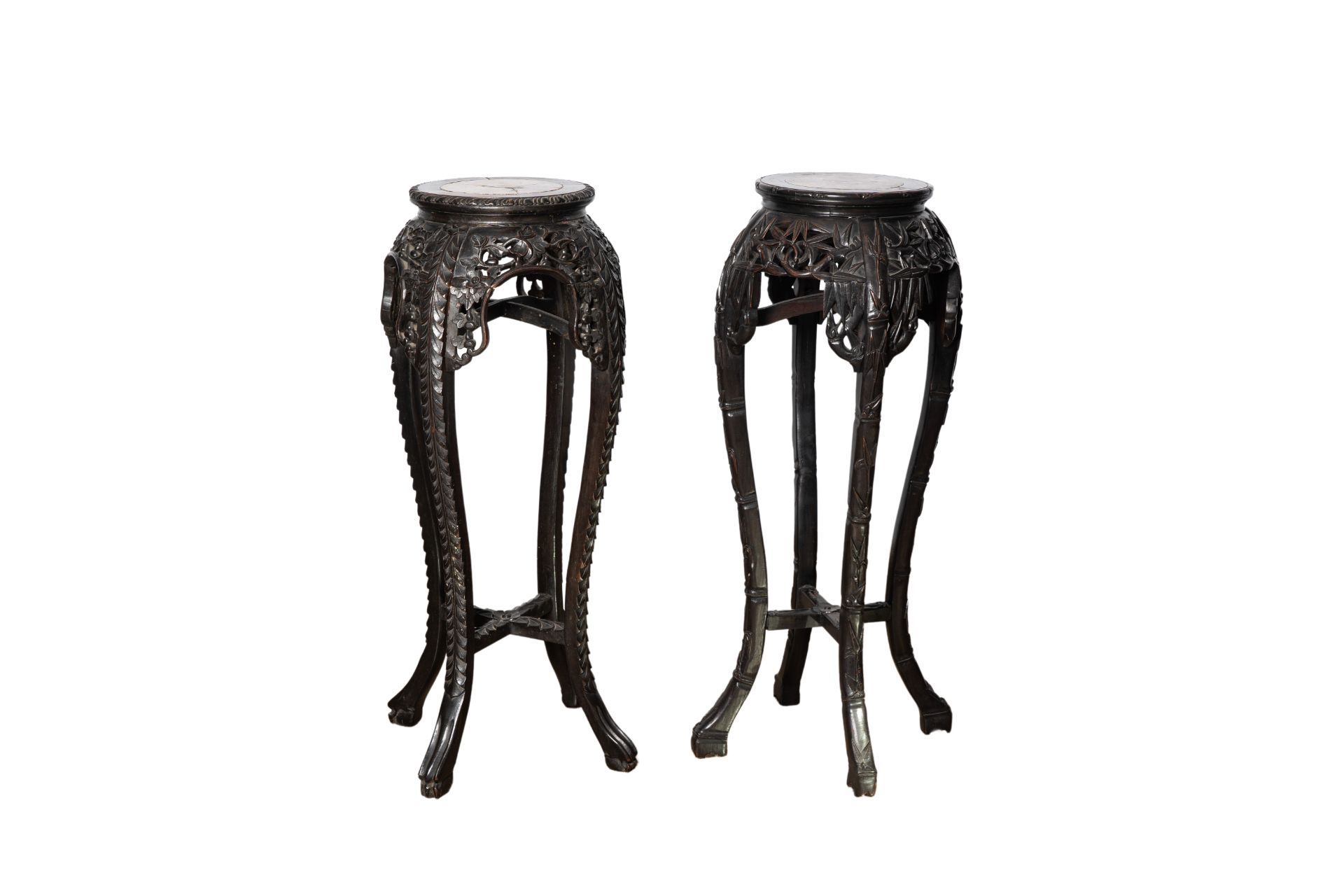 Two Chinese carved wood stands with marble top, 19th/20th C. - Image 2 of 8