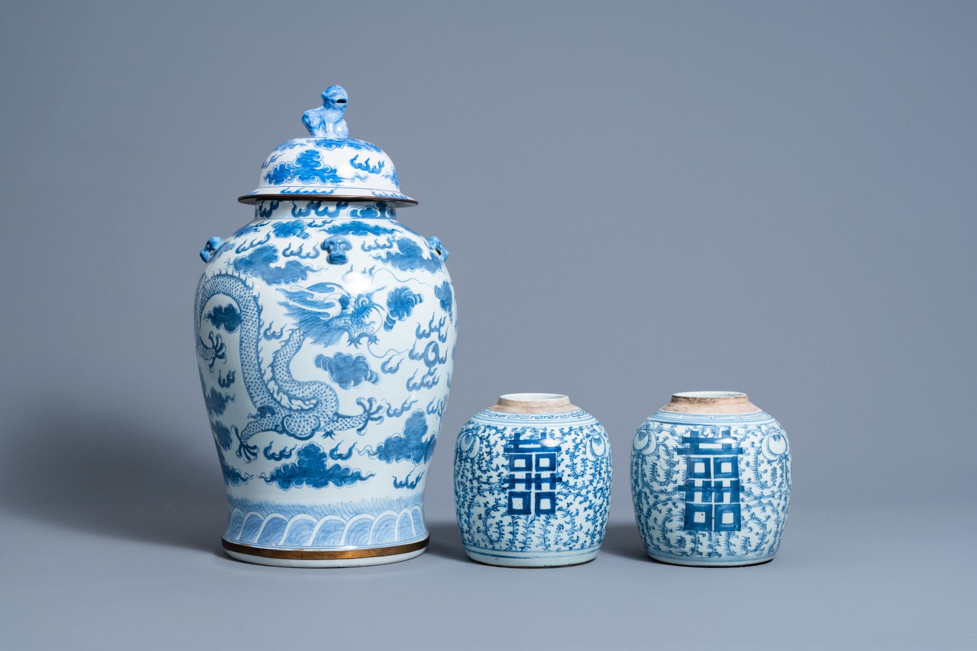 Two Chinese blue and white 'Xi' jars and covers and a 'dragons chasing the pearl' vase and cover, 19 - Image 2 of 9