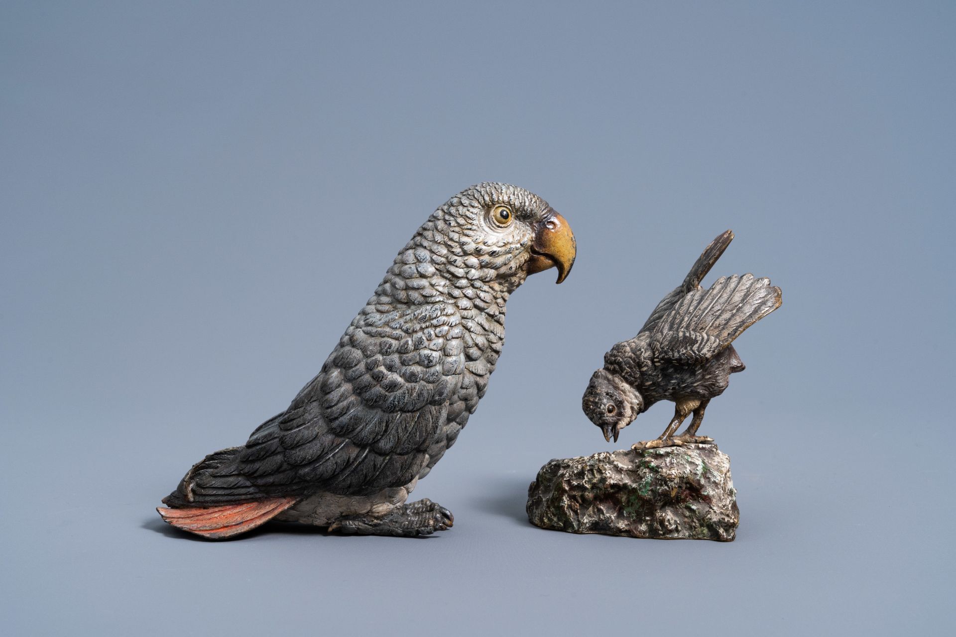 A Viennese polychrome cold painted bronze figure of an African grey parrot and a bird on a rock, 19t - Image 2 of 8