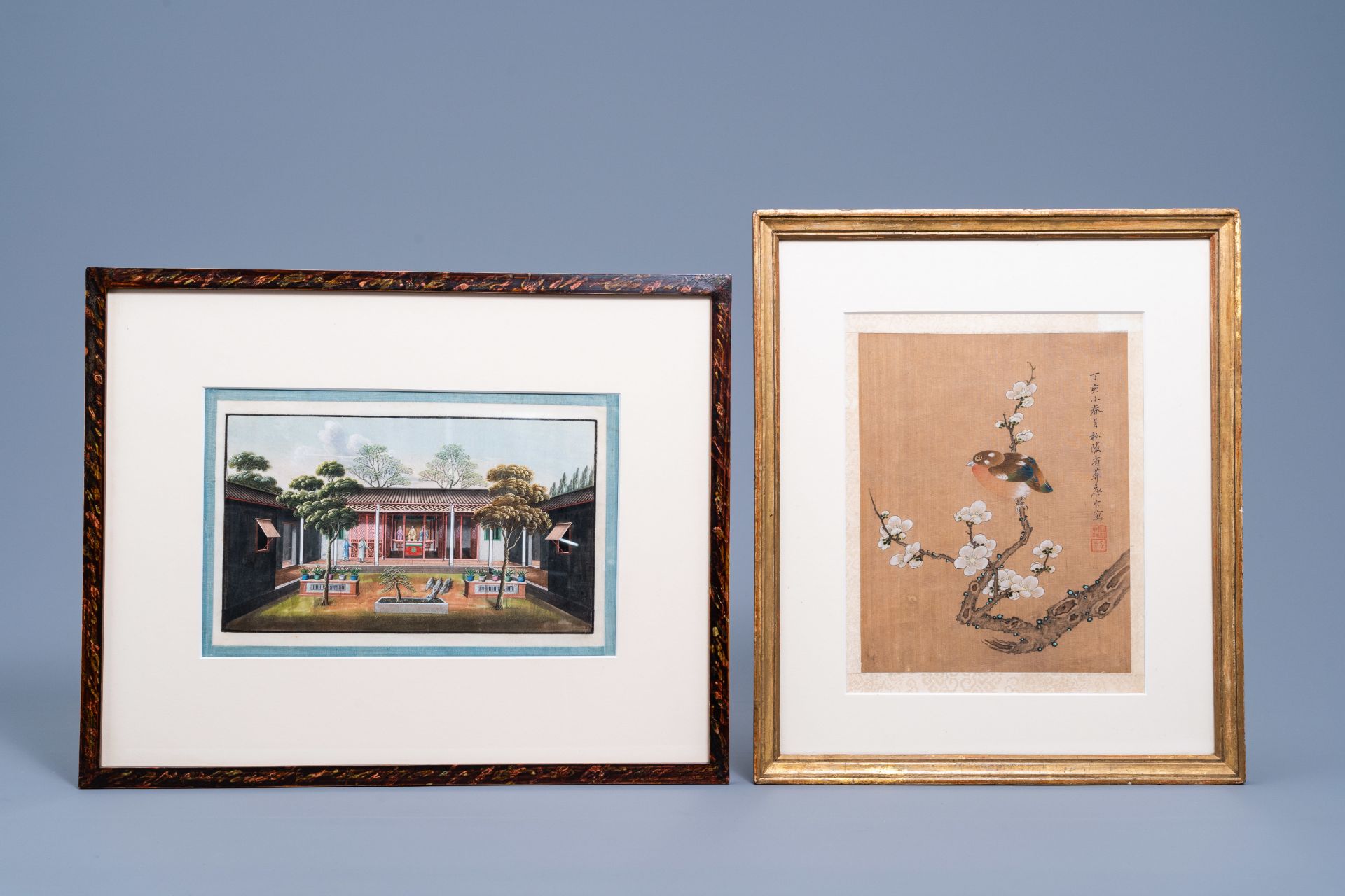 Chinese school: View on a courtyard garden and a bird on a blossoming branch, ink and colours on pit