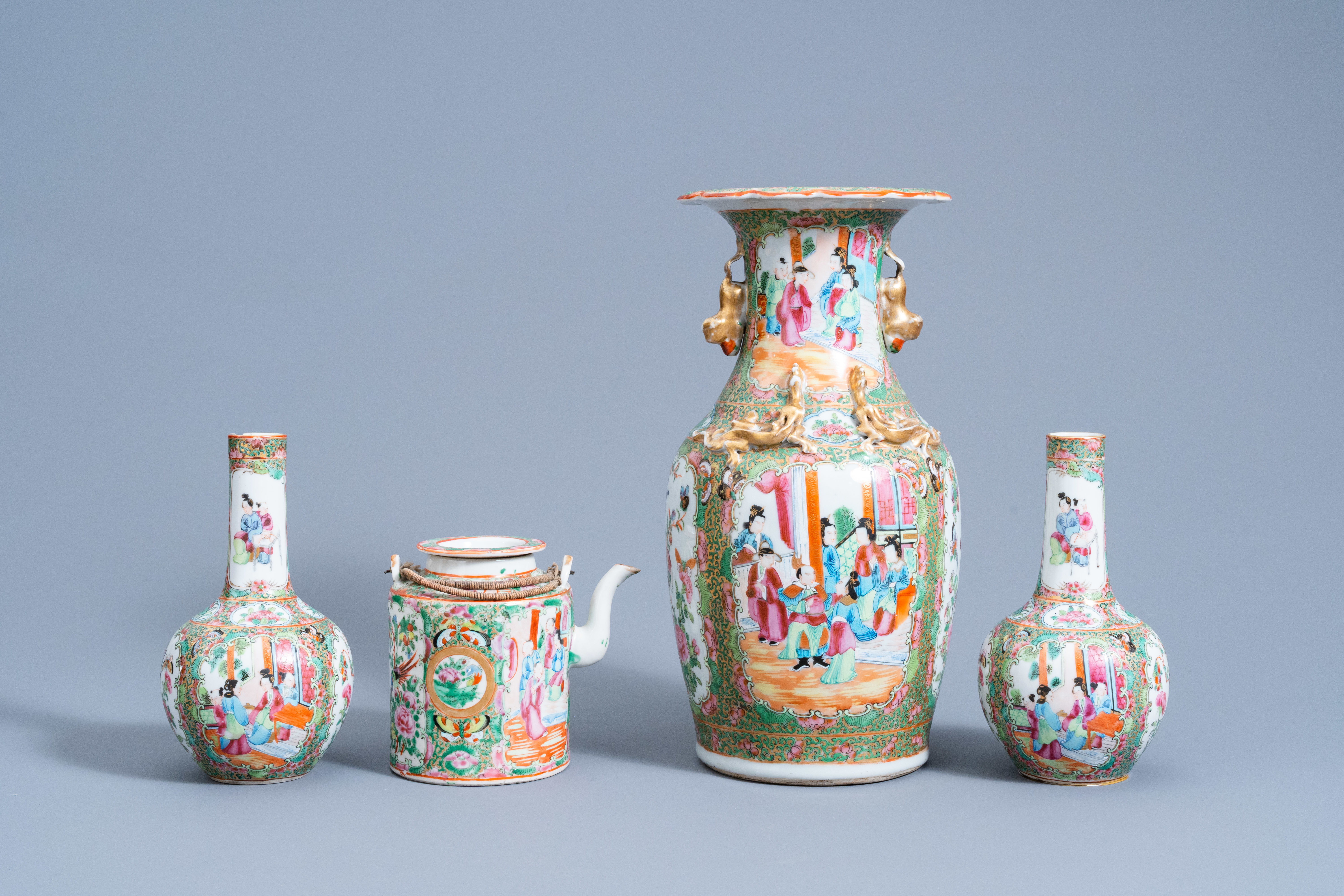 Eight Chinese Canton famille rose vases and a teapot and cover, 19th C. - Image 4 of 16