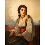 Jacques-LŽon Dusautoy (1817-1894): Oriental beauty with tambourine, oil on canvas