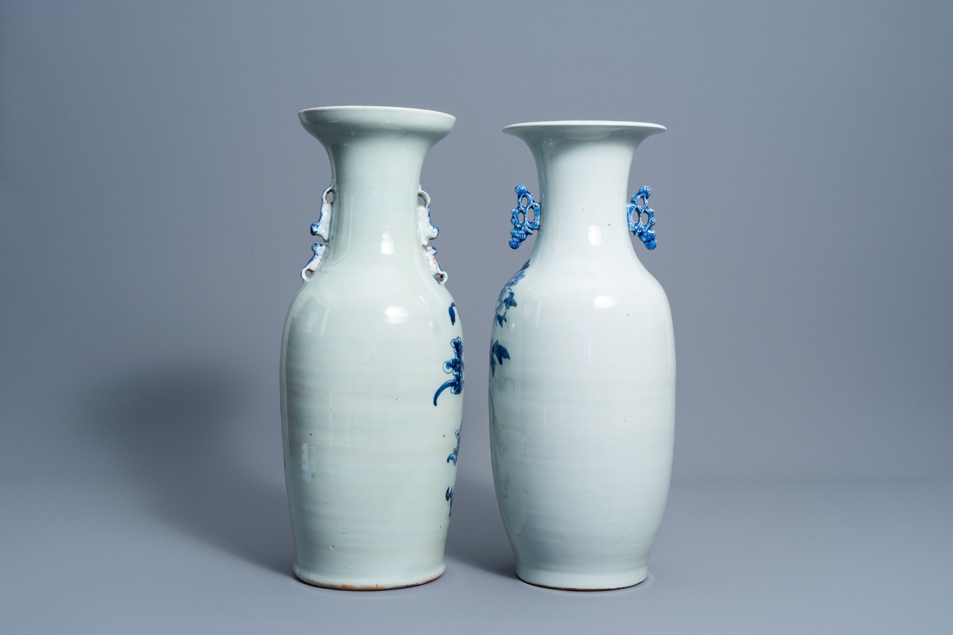 Two Chinese blue and white celadon ground vases with Buddhist lions, a deer and a crane, 19th C. - Image 3 of 6