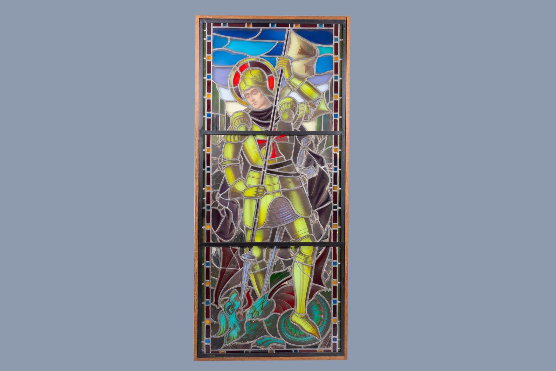A large painted and stained glass window with Saint Georges and the dragon, 19th/20th C. - Image 3 of 6