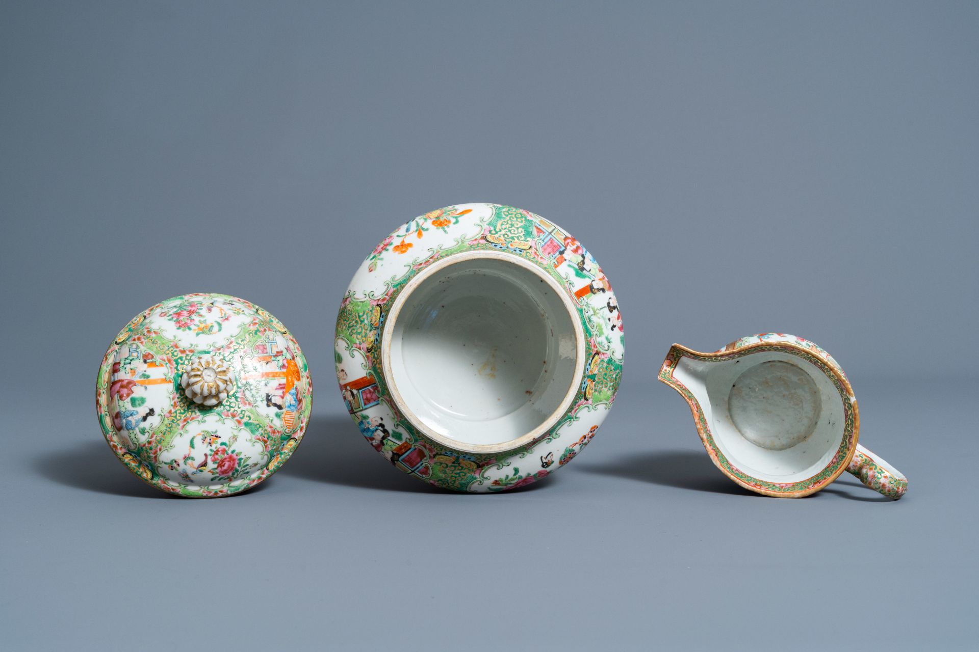 Six Chinese Canton famille rose vases, a jar and cover and a cream jug, 19th C. - Image 12 of 13