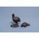 A Chinese bronze 'quail' censer and a gilt bronze model of a turtle, Qing