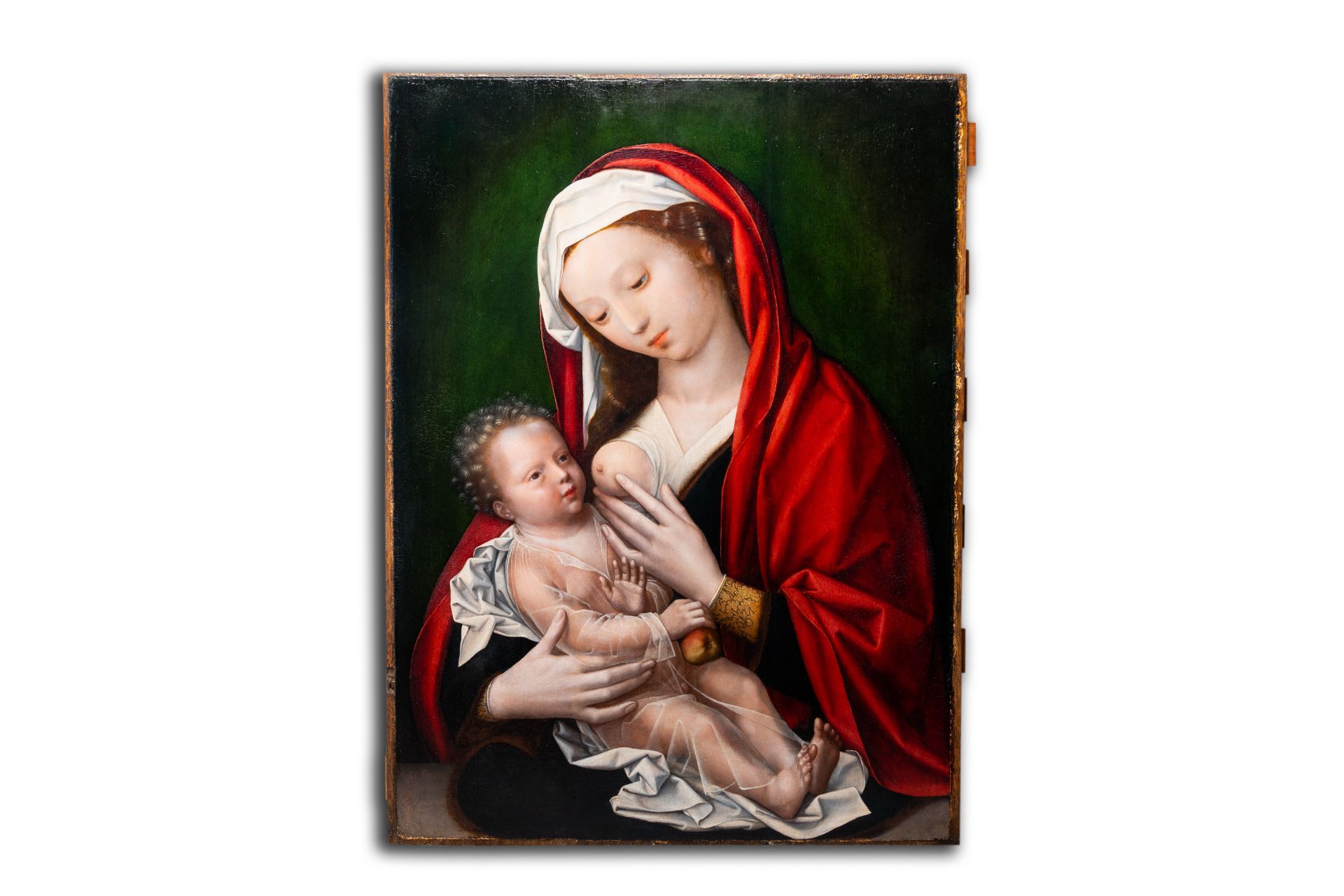 Bruges school: Maria Lactans, oil on panel, mid 16th C. - Image 3 of 12