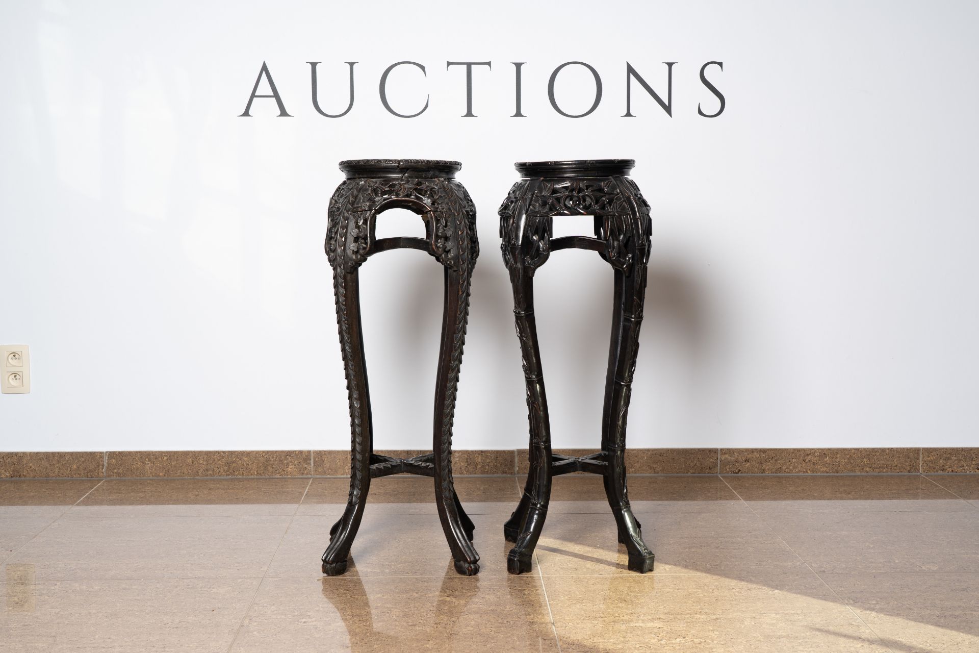 Two Chinese carved wood stands with marble top, 19th/20th C. - Image 5 of 8