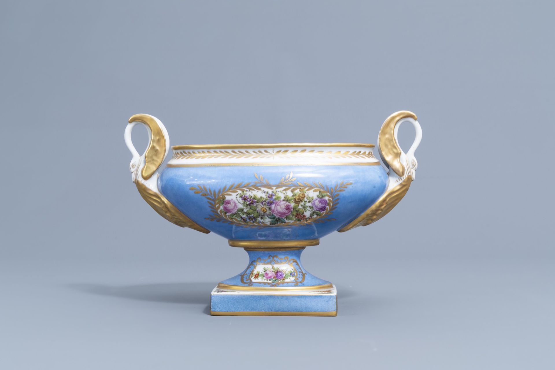A pair of French gold layered 'bleu celeste' ground vases and covers in the Svres manner and an Emp - Image 9 of 14