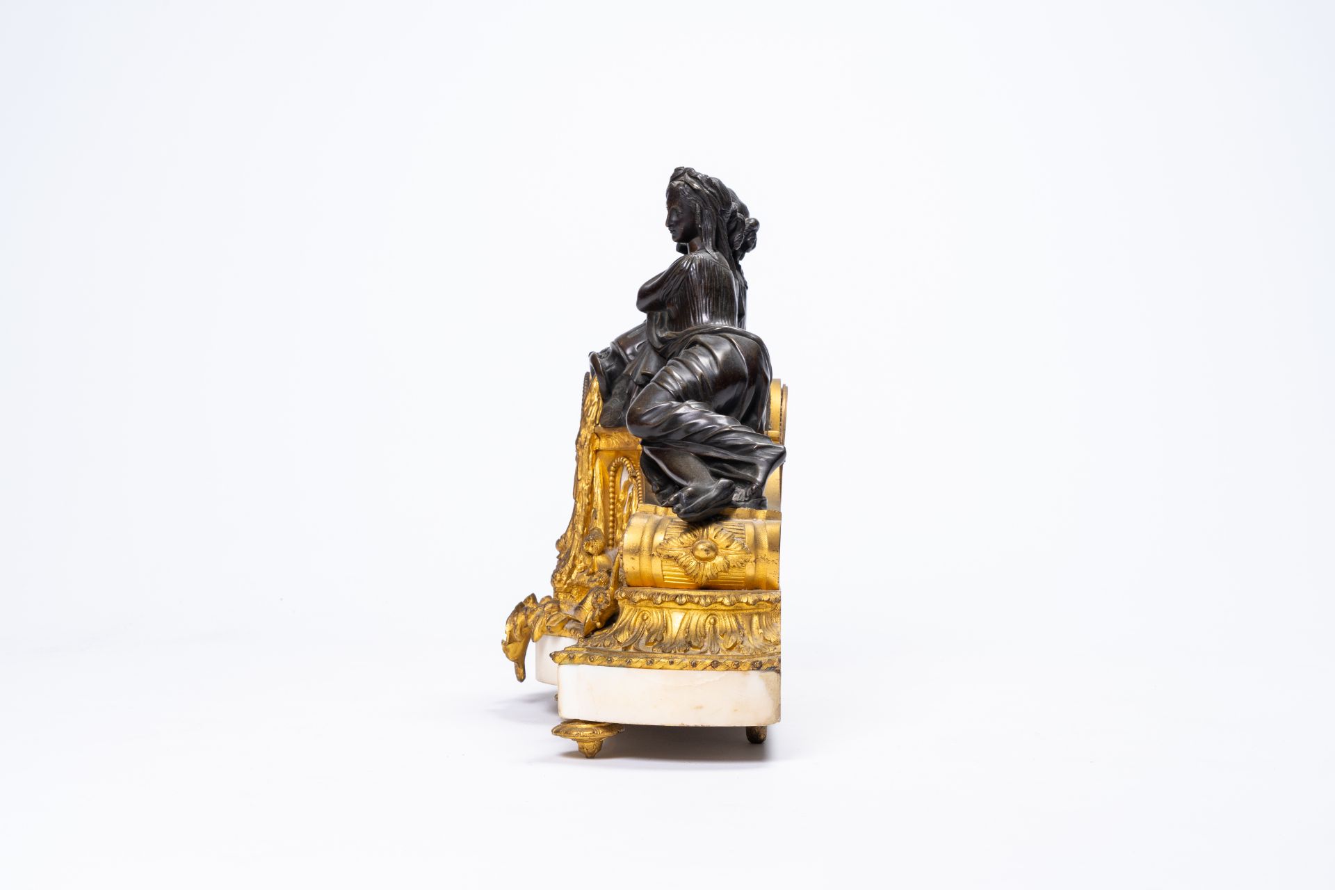 A French gilt and patinated bronze and white marble mantel clock with the sources of life, 19th C. - Image 4 of 13