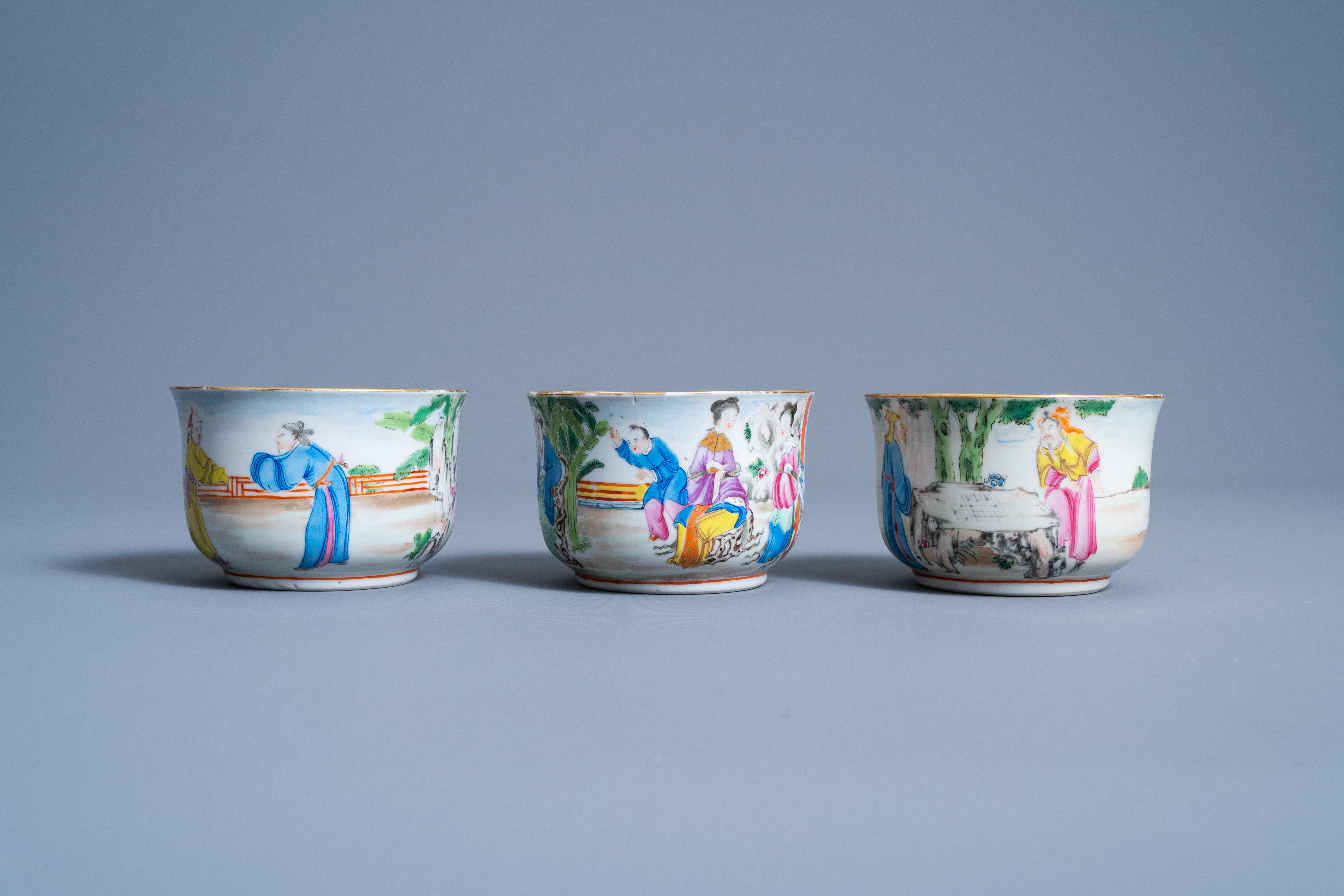 Three Chinese Canton famille rose cups and saucers with figures in a landscape, 19th C. - Image 8 of 10