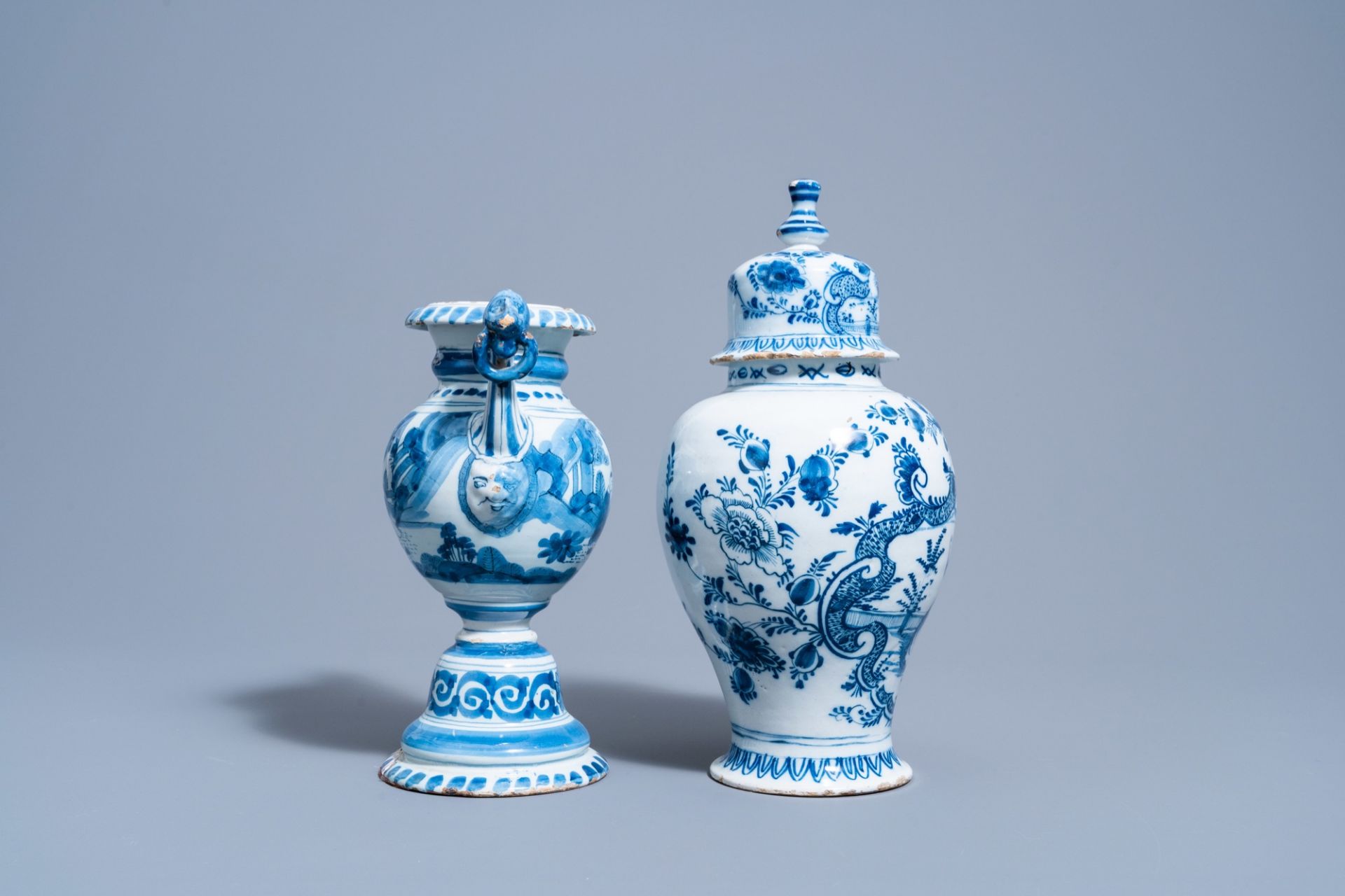 A Dutch Delft blue and white gadrooned dish with a boat and two vases with figures in a garden, 17th - Image 7 of 9