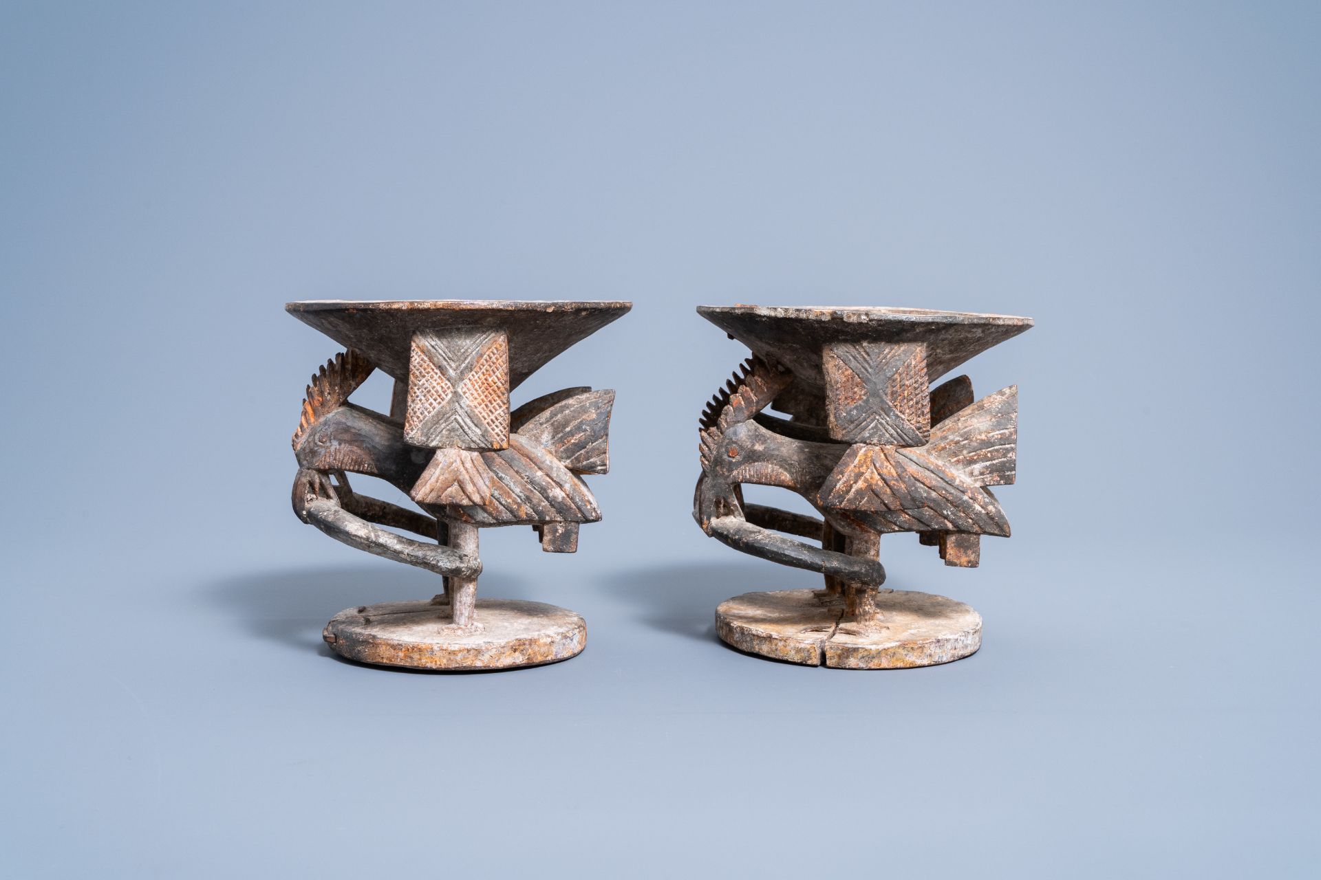 A pair of carved wood and polychrome painted 'Ifa divination' bowls with birds, Yoruba, Nigeria, 20t - Image 5 of 8