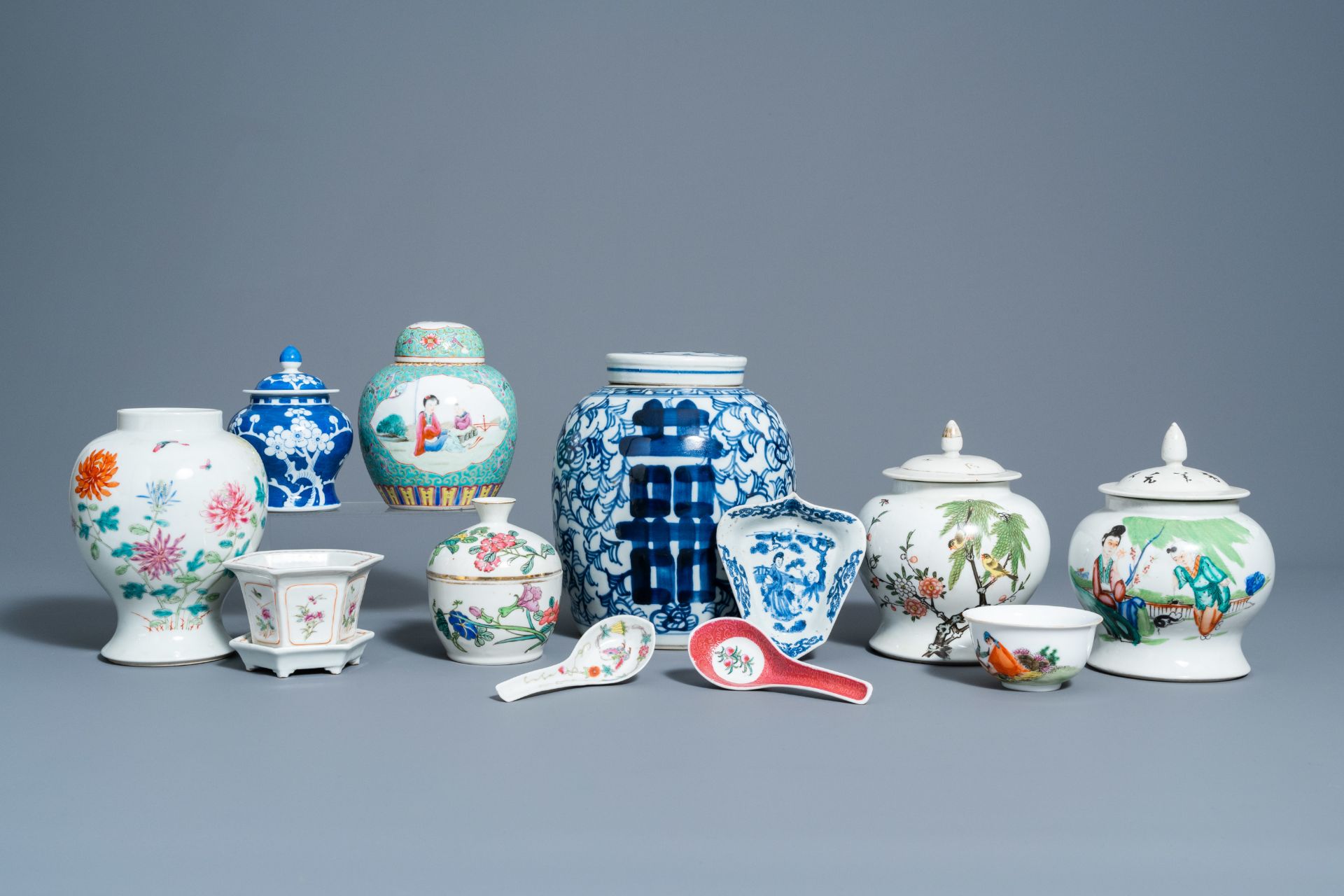 A varied collection of Chinese blue, white, famille rose andÊ qianjiang cai porcelain, Kangxi and la