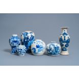 Six various Chinese blue and white vases and jars with figures in a landscape and floral design, 19t