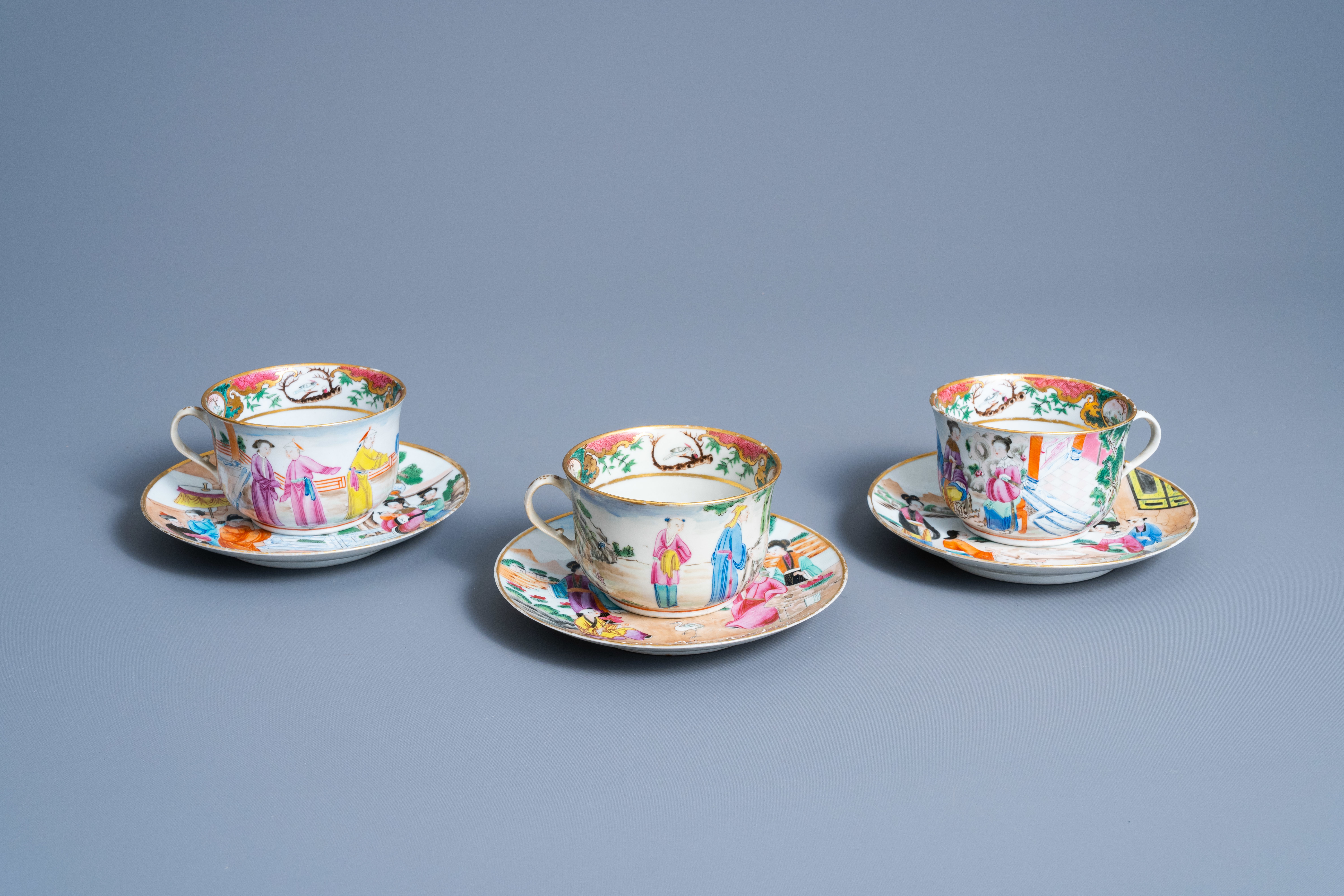 Three Chinese Canton famille rose cups and saucers with figures in a landscape, 19th C. - Image 2 of 10