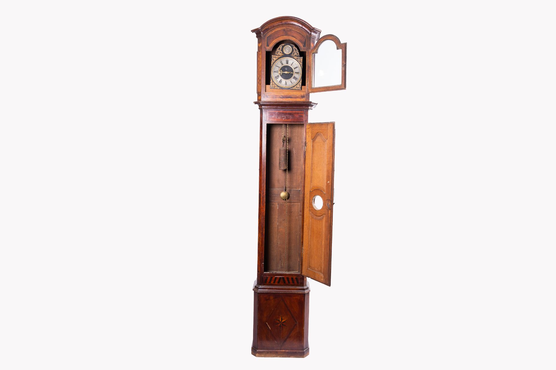 A large French wood longcase clock with various wood inlays, 19th C. - Image 8 of 11