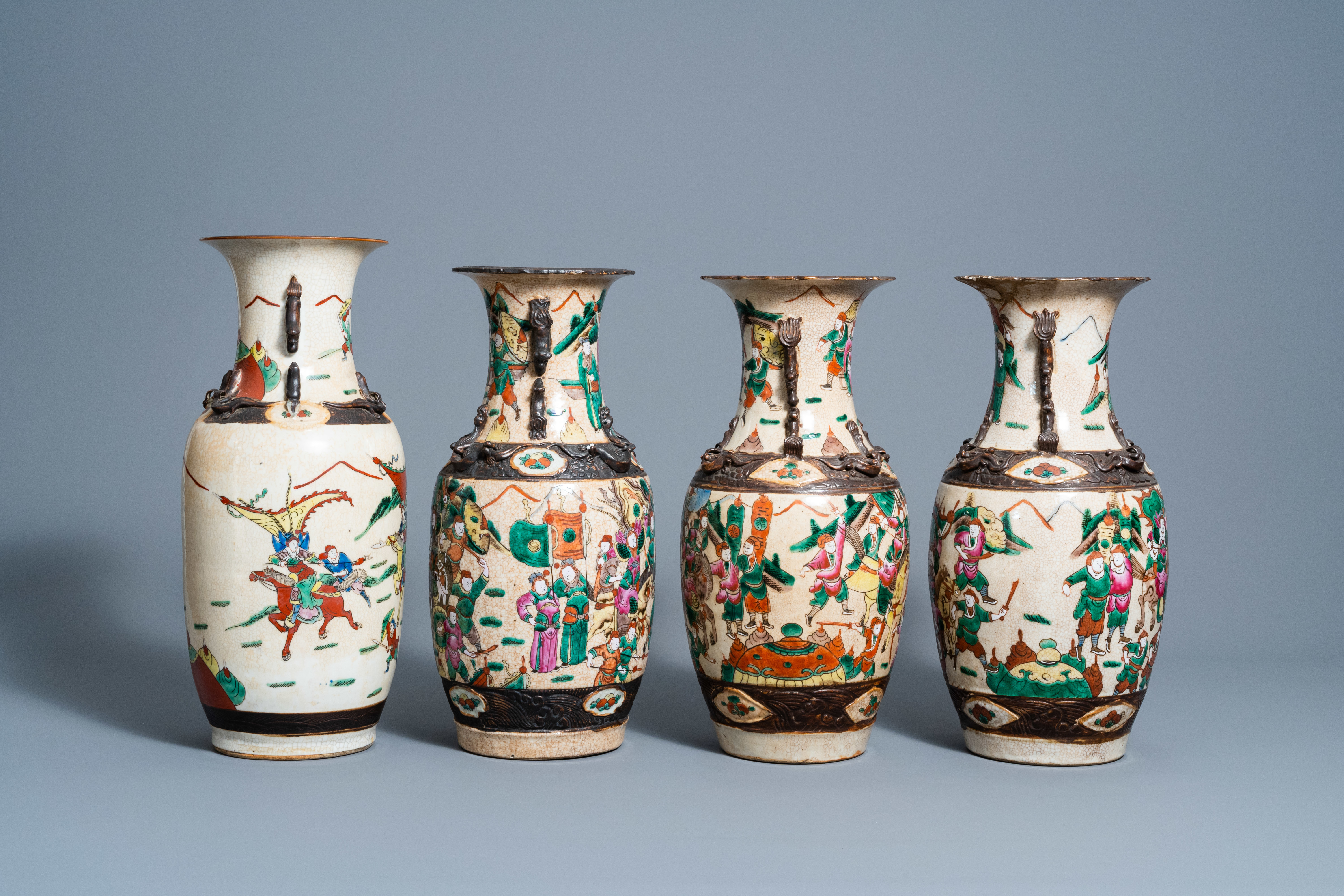 A varied collection of eight Chinese Nanking crackle glazed famille rose and verte vases with warrio - Image 5 of 13